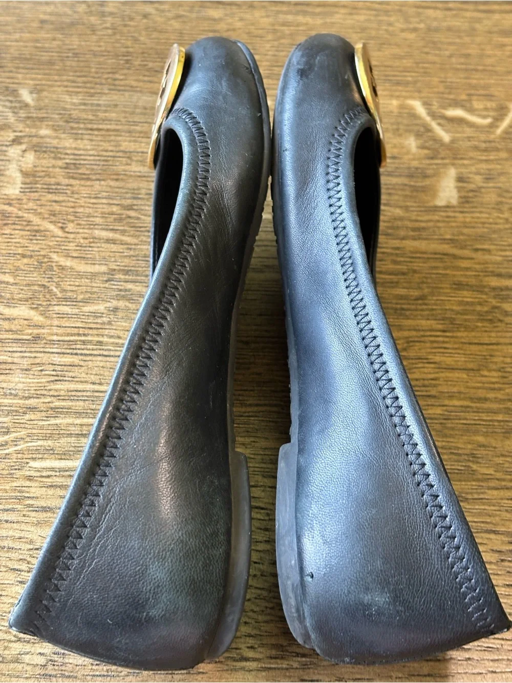 Tory Burch Black Leather Reva Ballet Flats Gold Logo Travel Shoes 6